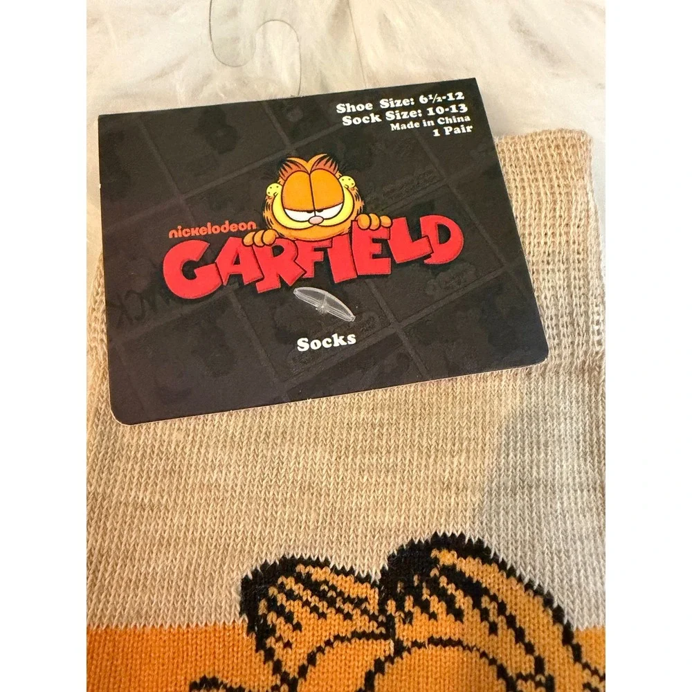 Nickelodeon Garfield I Don't Do Perky Crew Socks Tan Orange Striped Men 6.5-12